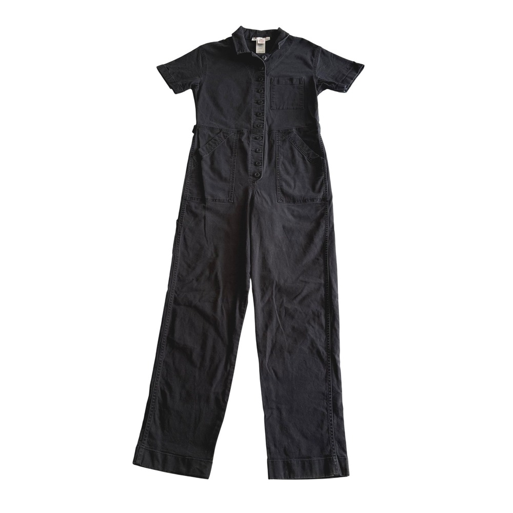 Topo Designs Jumpsuit Short Sleeve Washed Black Cotton Canvas Button Front S